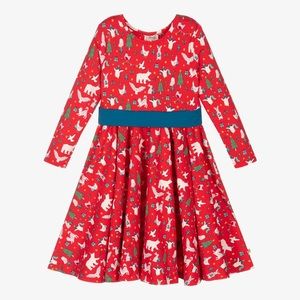 Frugi Red Christmas Winter Print Skater Dress Twirly Long Sleeve Novelty